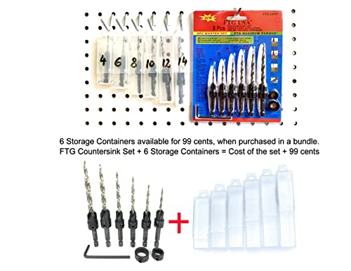 FTG USA Wood Countersink Drill Bit Set 6 Sizes Set with 6 Storage Containers for Countersink HSS M2 Tapered Drill Bits, Quick Change Hex Shank Countersink bit, 2 Stop Collar, 1 Allen Wrench