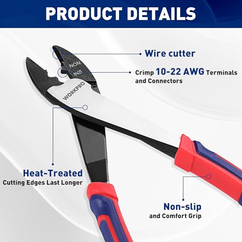 WORKPRO 9.5" Wire Cutter/Crimper, Wire Crimping/Cutting Tool for 10-22 AWG Terminals and Connectors, Designed for Insulated and Non-Insulated Connections (Pack of 2) 9.5 inches (Pack of 2)