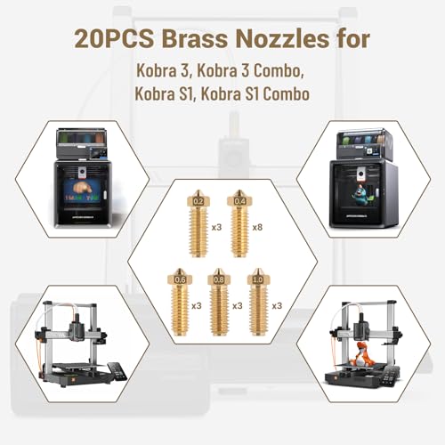 LALAGO 20-Piece Barss Nozzle Set for Cobra 3/Cobra S1, 3D Printer Nozzle Set for Anycubic Kobra 3, Kobra 3 Combo, Kobra S1, Kobra S1 Combo (8 x 0.4 mm + 3 x 0.2 mm + 3 x 0.6 mm + 3 x 0.8 mm + 3 x 1.0 Style: cobra 3 brass