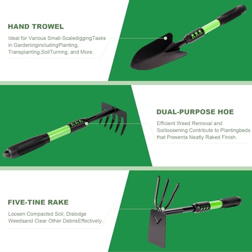 Garden Tools Set, 4 Pack Gardening Tools, Stainless Steel Heavy Duty Hand Cultivator, Hoes, Spade Shovel, for Planting Weeding Digging, Gardening Gifts for Women, Green