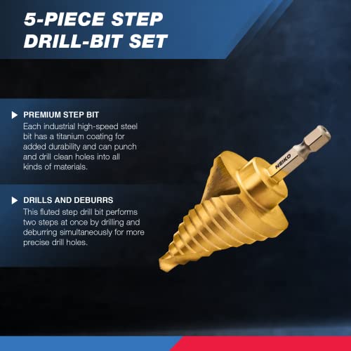 NEIKO Step Drill Bit Set for Metal and Wood (5 Piece) and Tap Magic ProTap Cutting Fluid (4 oz.) 5 PC STEP DRILL BIT SET Step Drill Bit Set + Cutting Fluid