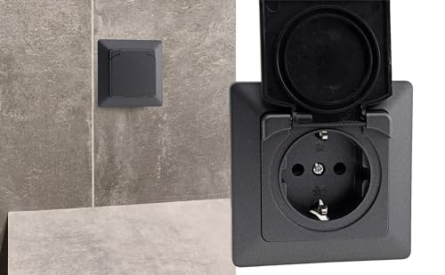 Milos Socket Switch Button Sets I Anthracite | With protective flap, 230 V protective contact, for wet rooms, bathrooms, outdoor areas