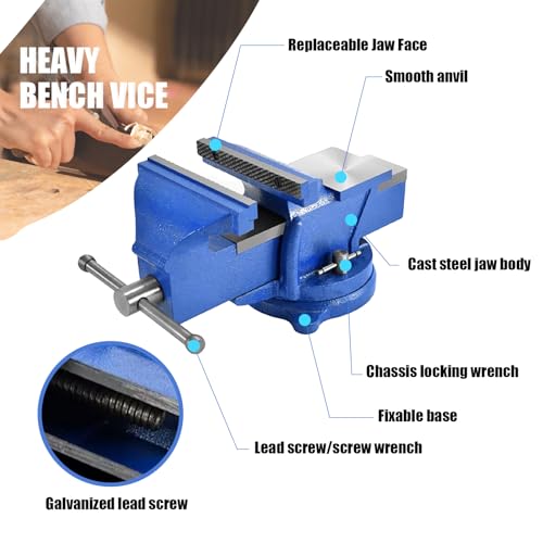6" Bench Vise Heavy Duty, 360° Swivel Base Cast Steel Table Vise