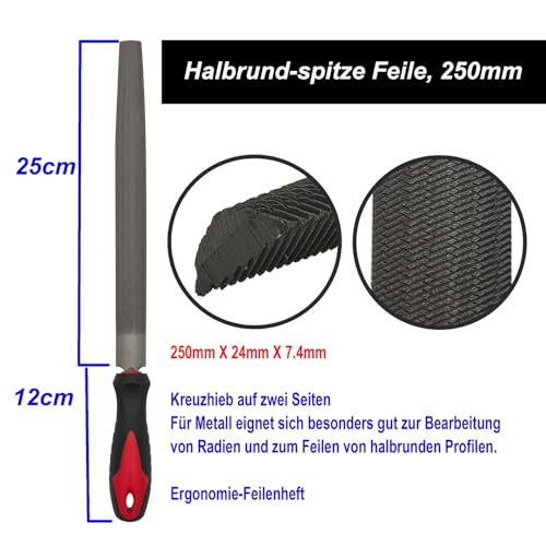 VASTOOLS Metal File 3-Piece 250 mm, Professional File Set Made of T12 Steel Flat File, Half Round File and Round File, for Metal, Wood and More, Tool Sharpener for Professionals and DIY Enthusiasts