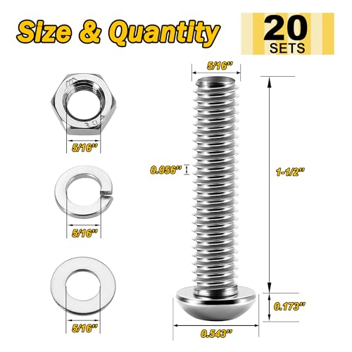 Mywish M8 x 30mm 20Pcs Flat Head Hex Socket Cap Screws Bolt & (20Sets) 5/16 Bolt, 5/16-18 x 1-1/2" Button Head Socket Cap Nuts and Bolts, 304 Stainless Steel Furniture Bolts Full Thread, Bolts and N