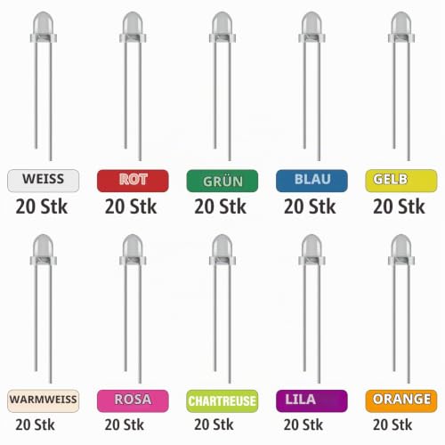 10 Colours 3 mm Light Emitting Diode LED Diode Set Red Blue Green Yellow White Warm White Orange Pink Purple Chartreuse LED Diodes 2 Pin Transparent Round Head LED Diodes Kit (20 Pieces per Colour) 3 mm - 10 colours
