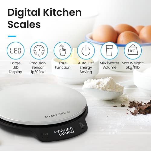 Pro Breeze Kitchen Scales Digital - Stainless Steel Digital Scales Kitchen High Precision Kitchen Weigh Scale for Baking and Cooking in g/ml/fl oz/lb oz Kitchen Scale