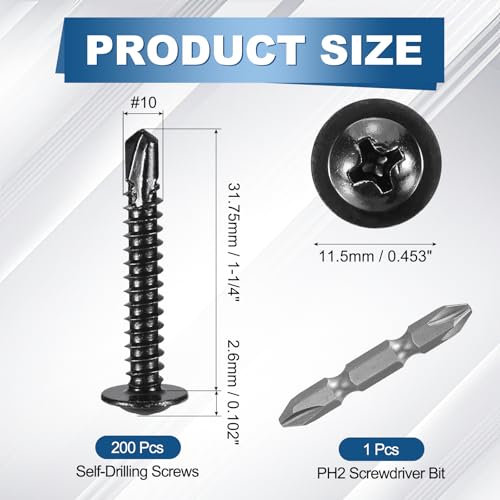 200Pcs #10x1-1/4 Self-Tapping Sheet Metal Screws w/ PH2 Black
