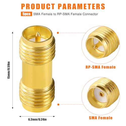 SMA Female to RP-SMA Female Plug Connector, RF Coaxial Adapter, for 2G 3G 4G LTE Antenna, Router, Pack of 5 SMA Female to RP-SMA Female