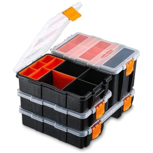 Andalus Tools Organizer Box, Small Parts Storage Multi-Compartment Portable Hardware Organizer Removable Plastic Dividers for Screws, Nuts, Bolts, Nails – Orange (4 Set, 12.2" x 9.1" x 7") 4 Pcs Set (12.2 x 9.1 x 7 Inches)