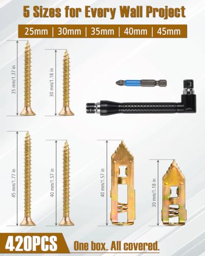 420pcs 4 Sizes Self Drilling Drywall Anchors with Screws Kit, Heavy Duty Zinc Alloy Hollow Wall Anchors, Sheetrock Plasterboard Anchors 0.47x1.18inch, No Drill Self Tapping Dry Wall Screw Anchor Set