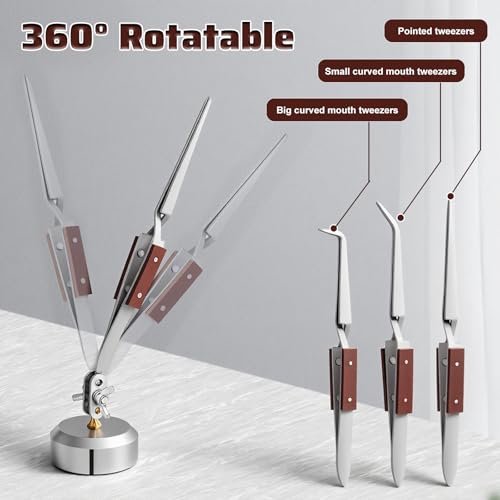 5 Pcs Soldering Tweezers Set, 3 Pcs Cross Lock Solder Tweezer+2 Pcs Jewelry Third Hand Tools with Base 360 Degree Rotation Round Base for Jewelers Jewelry Making Welding