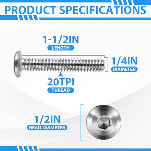 Hurricane Shutter Screws 1/4-20 x 1-1/2'', 304 Stainless Steel Sidewalk Bolts, Rust-Resistant and Weatherproof Fasteners Hardware, Hex Socket Head Furniture Bolts with Drill Bit (100-Pack) 1/4X1-1/2'' 100