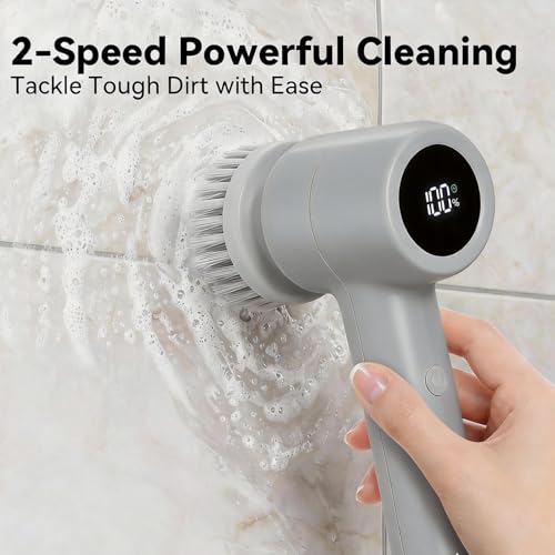 Electric Spin Scrubber Cordless, 5 In 1 Waterproof Cordless Electric Cleaning Brush with LED Display, Floor Scrubber With 2 Speeds 5 Brush Heads for Bathroom Tub Wall Kitchen Tile Car(Grey) Grey