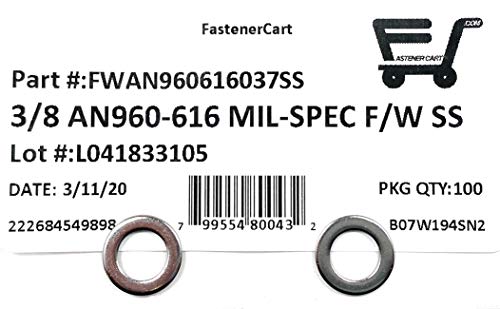 3/8" AN960-616 Mil-Spec Flat Washers Stainless Steel AN960-616 (3/8 ID x 5/8 OD x.062 THK) 100 Pieces