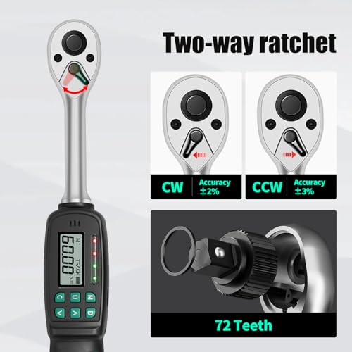 3/8" Digital Torque Wrench 1.33-44.25 ft-lb/1.8-60 Nm, ±2% Accuracy, LED & Buzzer Alerts, 4 Units, Industrial CR-V Steel, Calibration Report & Protective Case for Car, Motorcycle, Bike Repair 3/8", 1.33-44.25 ft-lb (1.8-60 Nm)