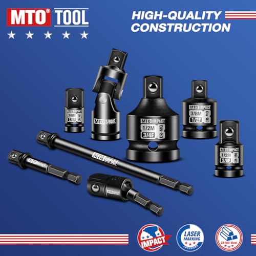 MTO 18-Piece Impact Socket Adapter & Universal Joint Set, 1/4", 3/8" & 1/2" Drive Hex Shank Drill Bit with Standard, Long & Swivel Types, for Impact Wrench & Driver