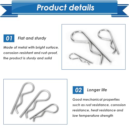 300Pcs Cotter Pin Assortment Kit - 304 Stainless Steel 7 Sizes R Clips Cotter Pins for Automotive, Trailer, Hitch Pin Lock System 300Pcs - 7 Sizes