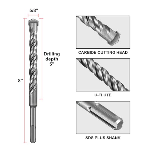 SALI Rotary Hammer Drill Bits 5/8"*8" 10 Pcs Rotary Hammer Drill Bits Concrete Masonry Hole Tool with Storage Case for Concrete, Stone, Brick 5/8"*8"