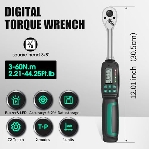 3/8" Digital Torque Wrench 1.33-44.25 ft-lb/1.8-60 Nm, ±2% Accuracy, LED & Buzzer Alerts, 4 Units, Industrial CR-V Steel, Calibration Report & Protective Case for Car, Motorcycle, Bike Repair 3/8", 1.33-44.25 ft-lb (1.8-60 Nm)
