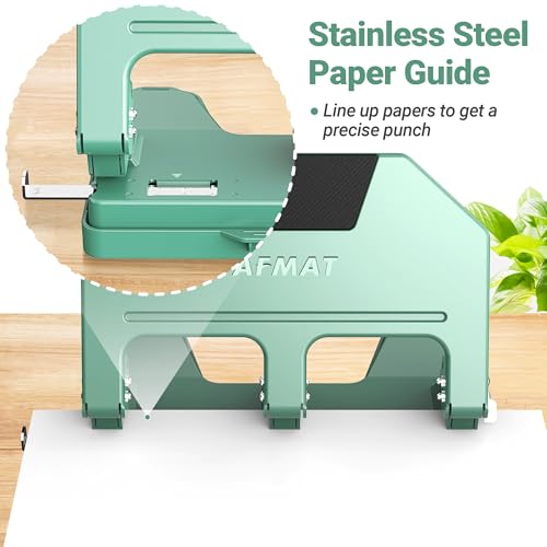 AFMAT 3 Hole Punch, 9/32" Holes, 40-Sheet 3 Hole Puncher for Binder, 50% Reduced Effort, Metal Heavy Duty Three Hole Punch w/ 10,000+ Uses, Bulit-in S.S. Paper Guide, Large Chip Tray, Green, HPX3 40-Sheet Capacity