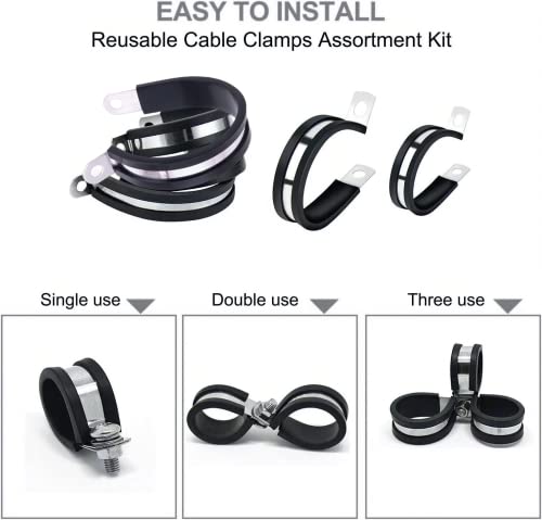 56PCS Large Stainless Steel Rubber Coated Cushioned Insulated Cable Clamps Assortment Kit - Automotive & Pipe Clamps in 7 Sizes - 3/4" to 2"