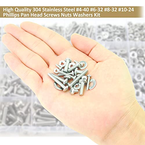 722 Pieces #4-40#6-32#8-32#10-24, Phillips Pan Head Machine Screws Nuts Assortment Kit, 304 Stainless Steel, Fully Machine Thread #4-40 #6-32 #8-32 #10-24