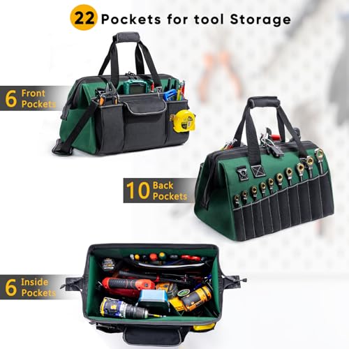 Large Heavy Duty Tool Bag for Men – 17" Toolbox Organizer with 22 Pockets & Wrench Holder – Wide Mouth Tool Tote with Anti-Slip Base – Gift for Handyman, Mechanic, Father's Day Large - 17” Green