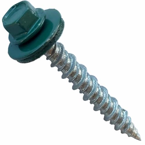 Metal Roofing Screws - #10 x 1.5” – Self Tapping Hex Head - EPDM Rubber Washer-for Metal to Wood, Corrugated, Siding, Sheds, Pancake Screw - ¼” Hex Drive Easy Installation - Green - Screws (250) 250