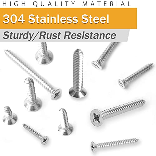 Phillips Pan + Flat Head Stainless Steel Wood Screws Assortment Kit, Sheet Metal Screws Self Tapping Screws Set, Reliable Assorted Fastener Kit with Various Length