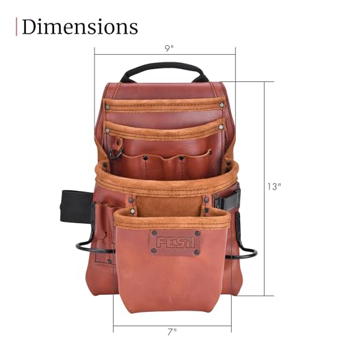 FESA Leather Carpenter Tool Pouch - 10-Pocket Heavy Top Grain Leather Carpenter Pouch with 2 Hammer Loops, Tape Clip, Large & Small Pockets - Fits Work Belts up to 3" - Handcrafted Cherry