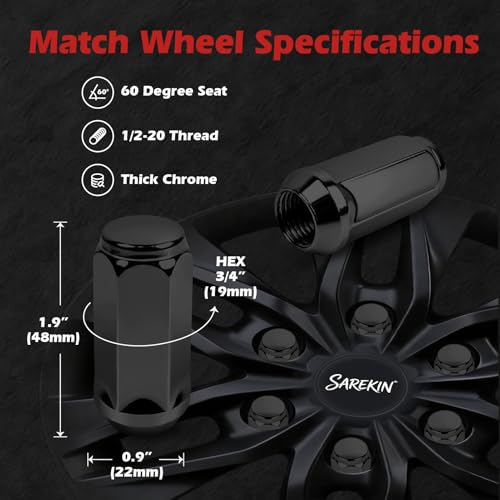 1/2-20 Long Lug Nuts, Closed End Bulge Acorn Black, 48mm 20Pcs 20Pcs 1.9" Long 1/2"-20