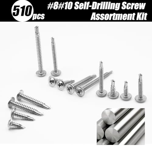 510PCS #8#10 Self Tapping Screws for Metal, TEK Head Screws Self Drilling Screws Assortment Kit Set, 410 Stainless Steel Sheet Metal Screws (Length 1/2" to 2") 510PCS-Modified Truss Head