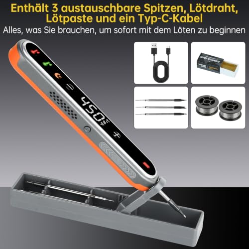 Battery Soldering Iron Set Wireless USB-C 8s Heating 180-450°C 1600mAh | Wireless USB-C soldering iron for electronics and DIY. Fast heating in approx. 8 seconds, 180-450°C temperature control.