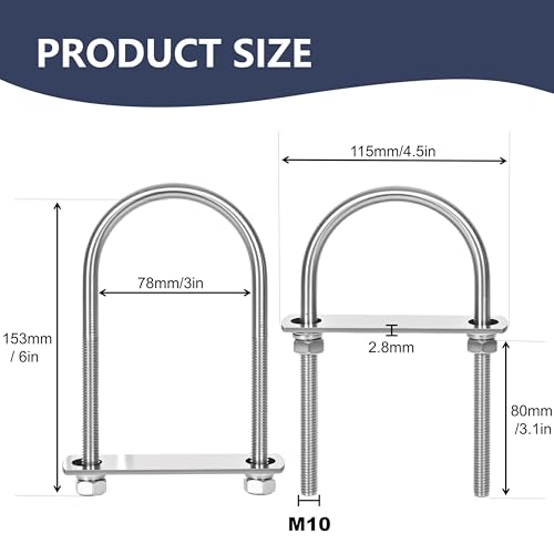 4 Sets M10 U-Bolts,u-Bolts 3" (78mm) Wide,U-Bolts with Nuts M10 x 78mm x 153mm 4