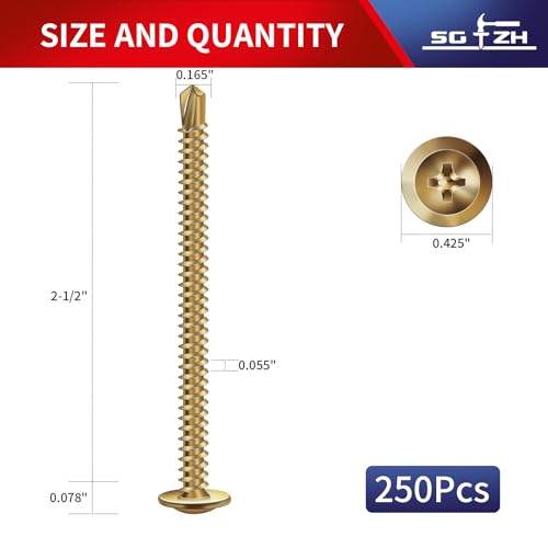 #8 x 2-1/2"Sheet Metal Screws 250Pcs Bronze 410 Stainless Steel Truss Head Tek Screws Fast Self Tapping Screws by SG TZH 250 #8 x 2-1/2"