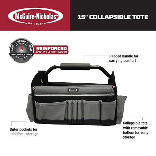 McGuire-Nicholas 15" Collapsible Tool Tote, Grey and Black Tool Tote Bag, 22015 14 exterior pockets in various sizes Collapsible Tote