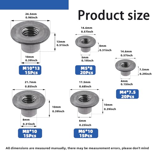 Glarks 85pcs M4 M5 M6 M8 M10 Round Base Weld Tee Nut Kit, Carbon Steel Through Hole Tee Nut, Flange Insert Female Thread T-Nuts for Hardware Fitting Fastener, Wood Furniture, Hardware Accessories