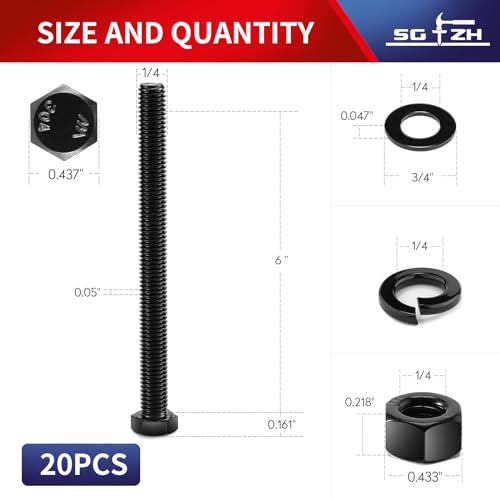 1/4-20 x 6 Hex Head Screw Bolt, Nuts, Flat & Lock Washers, 20Pcs 18-8 (304) Stainless Steel, Fully Threaded, Black Oxide by SG TZH