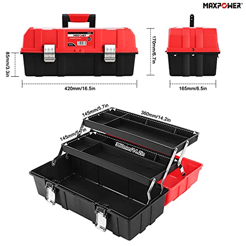MAXPOWER 16-Inch Tool Box, Three-Layer Folding Plastic Storage Toolbox, Multi-Function Organizer with Tray and Dividers, Tools Box with Stainless Steel Lock