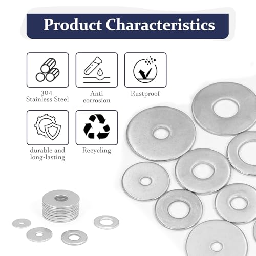 ZQZ 290Pcs Stainless Steel Flat Washers Assortment Kit;Fender Washer M3-M12 15 Sizes 290 Pieces