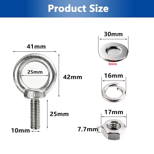 10 Pack M10 x 25mm Threaded Eyebolts with Nuts Washers,Stainless Steel Marine Grade Shoulder Eye Bolt,Eyebolts for DIY, Furniture,Swing, and Outdoor Use (M10 x 25mm)
