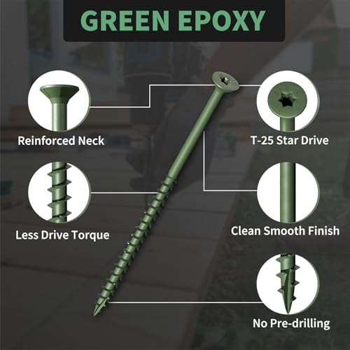 Wood Screws #10 x 3 310PCS #10 x 4 105PCS, FIXLINK Deck Screws, Epoxy Coated, T25 Star Bit Above 1500 Hour Salt Spray Coating Outdoor Decking Screws Excellent Rust Resistant for Wood Fence, Green