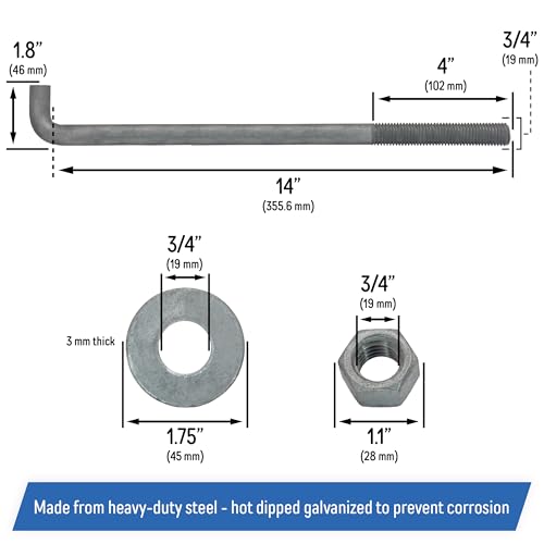 3/4" x 14-inch Galvanized Threaded Anchor Bolts with Hardware for Wood, Concrete (10 Pack) 14 Inch
