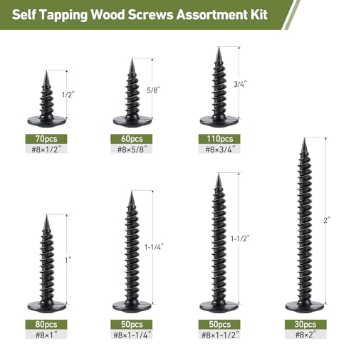 Black Wood Screws Phillips Modified Truss Head Assortment Kit 450PCS, Stainless Steel 410 Quick Self Tapping Screws for Wood Metal, #8 x 1/2",5/8",3/4",1",1-1/4",1-1/2",2" #8 450PCS Black