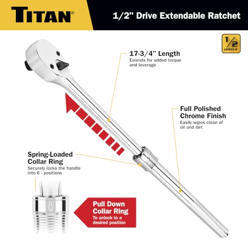 Titan 12182 1/2-Inch Drive x 12-1/4-Inch to 17-3/4-Inch 72-Tooth Extendable Ratchet Knurled Handle