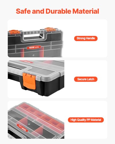 VEVOR 3-Pack Small Parts Organizer, 21 Compartments Tools Organizer Box with Removable Dividers, PP Hardware Storage Box with Safety Latch & Portable Handle for Nuts, Bolts, Screws, Nails Tool Boxes-3PC