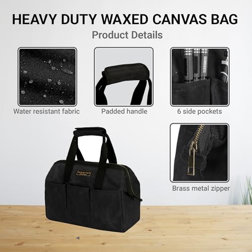 Heavy-Duty 16oz Waxed Canvas Tool Tote Bag - 15" Wide Mouth Open Top Organizer with 15 Pockets | Multi-Purpose Storage for Tools, Hardware & DIY Supplies (Black) Black 15 Inch