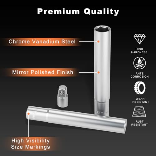 AEROFORCE 120mm Extra Deep Sockets (3/8" Drive),6-Piece Metric Set for Bumper & Tail Light Removal,Includes 1/4" Adapter & Sizes 8,10,12,13,14mm, Durable Chrome Vanadium