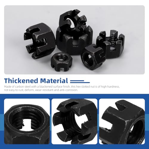 Glarks 60Pcs M10 M12 M14 M16 M18 M20 Black Hexagon Slotted Nuts Assortment Kit, 6 Size Carbon Steel Hex Castle Nuts for Car Moto Furniture Fasteners Repair